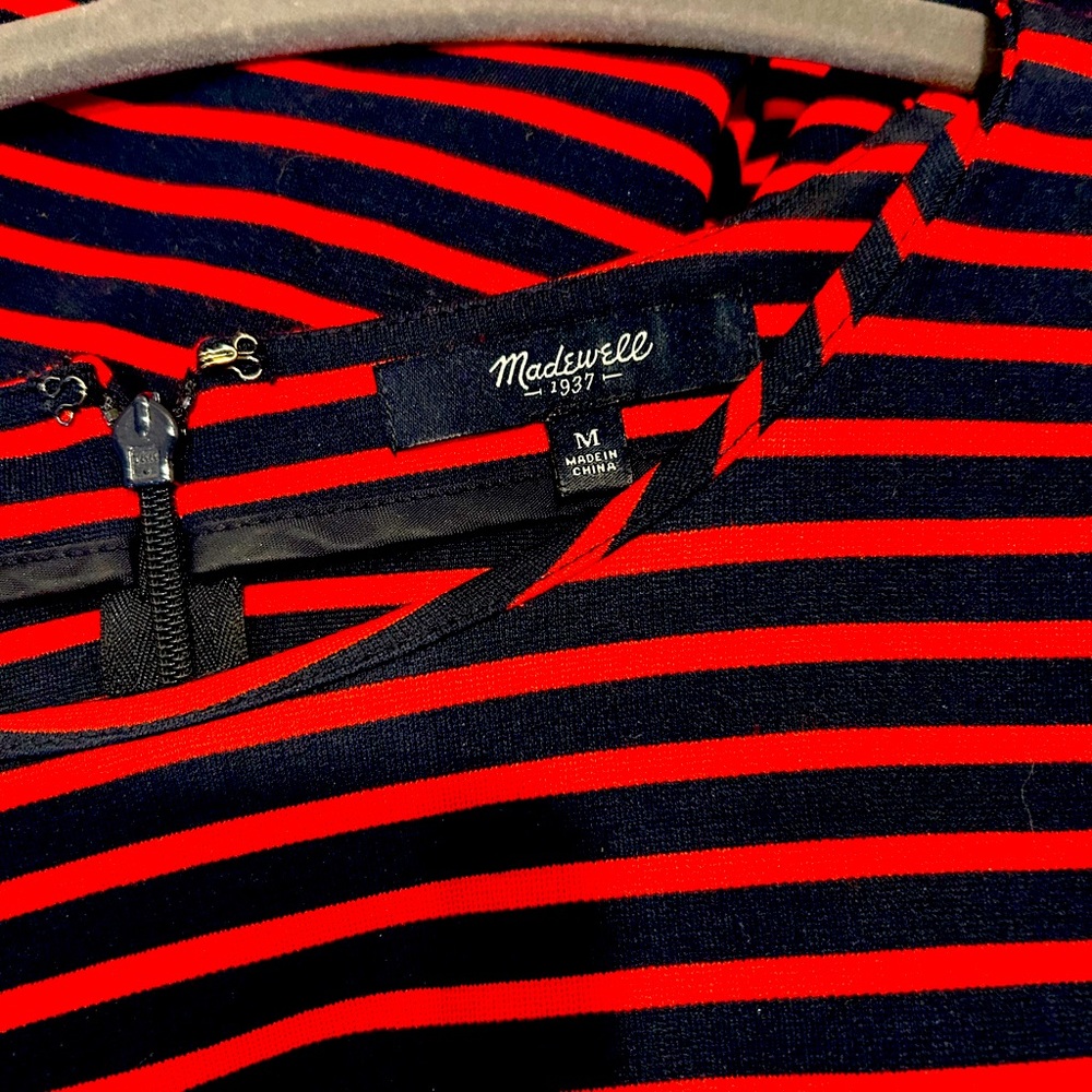 Madewell Medium M Sorbonne Dress in Sailor Stripe Navy Blue Red Long Sleeve